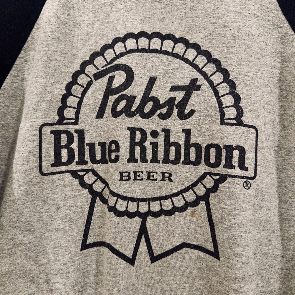 2000s Men’s XL Heather Grey & Black Pabst Blue Ribbon Baseball Shirt Raglan